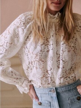 Sézane Sheila Blouse in White | White Lace High-Neck Long-Sleeve Women's Top